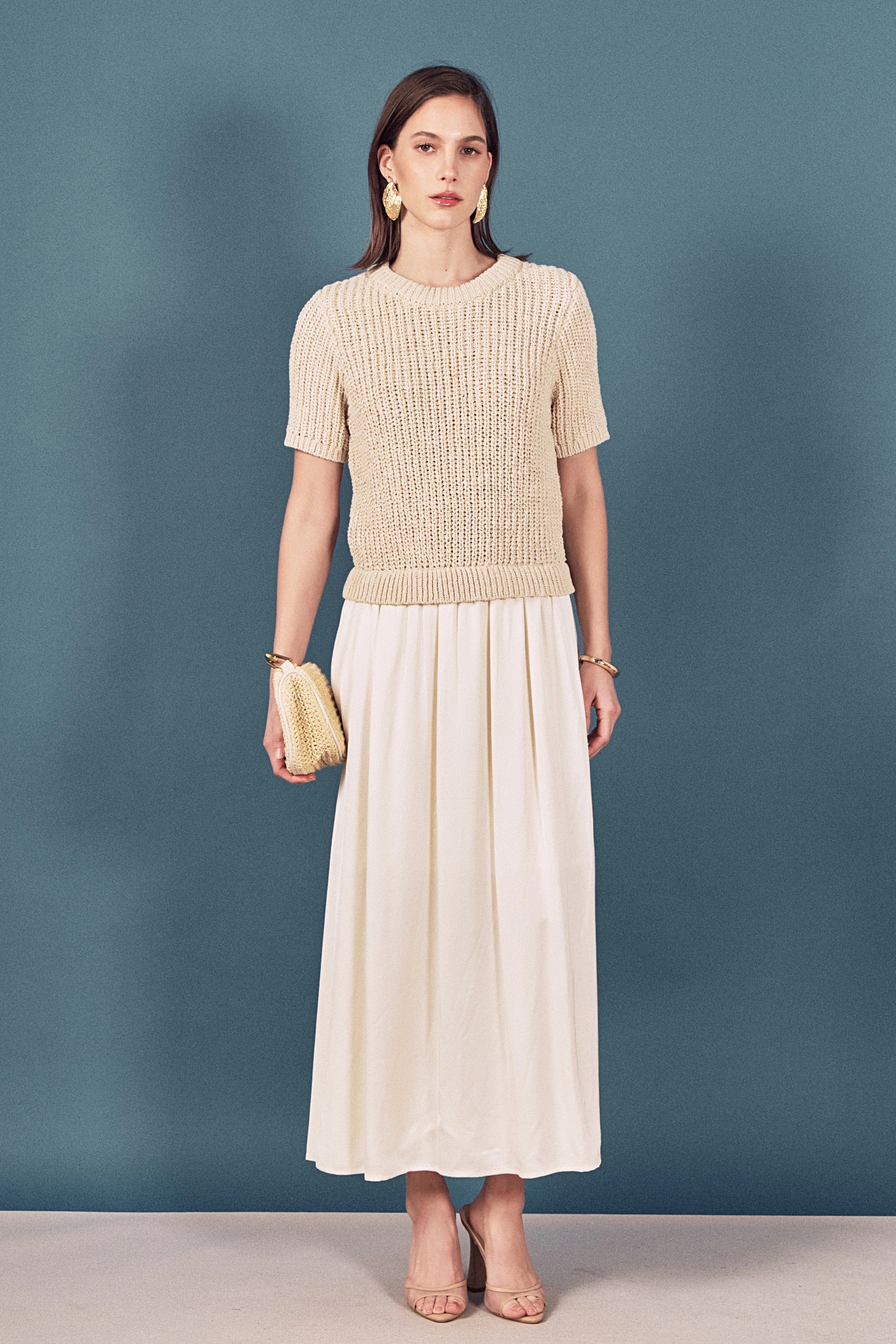 Satin Contrast Mixed Media Midi Dress | English Factory