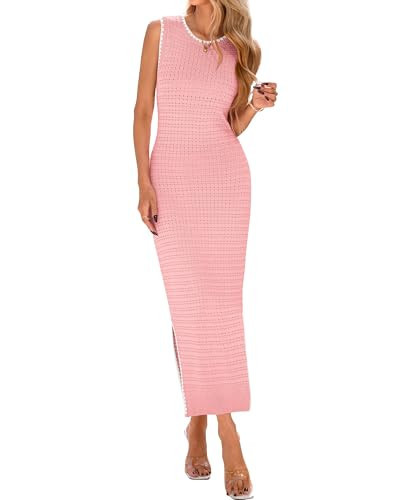 BTFBM Womens Knit Bodycon Midi Dress Casual Sleeveless See Through Cover Up Dresses Crew Neck Slit Tank Summer Dresses(Pink, XX-Large) | Amazon (US)