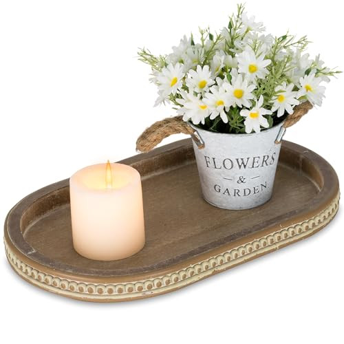 Hanobe Decorative Serving Tray Wood: Brown Bead Oval Tray for Coffee Table Rustic Wooden Trays Decor Farmhouse Kitchen Counter Tray Vintage Centerpiece for Living Room Home Organizer | Amazon (US)