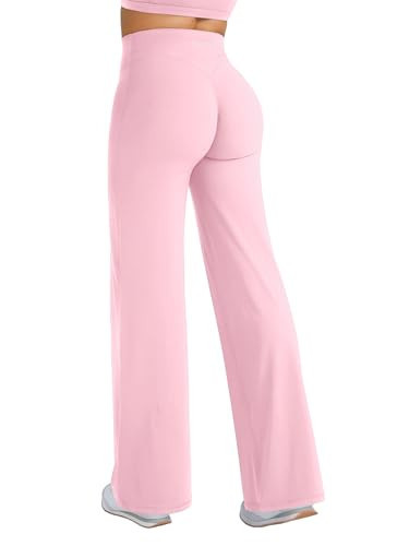 YEOREO Straight Leg Workout Leggings Hidden Scrunch High Waist Gym Pants No Front Seam Wide Leg Yoga Pants Light Pink XL | Amazon (US)