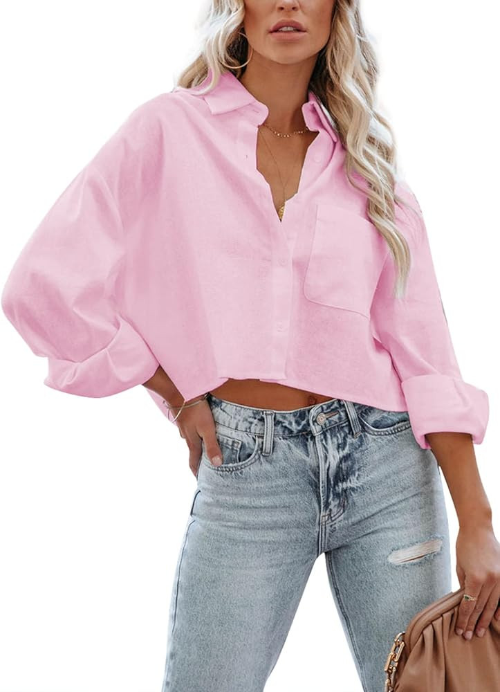 HOTAPEI Womens Button Down 100% Cotton Cropped Shirts Oversized Long Sleeve Casual Dressy Tops So... | Amazon (US)