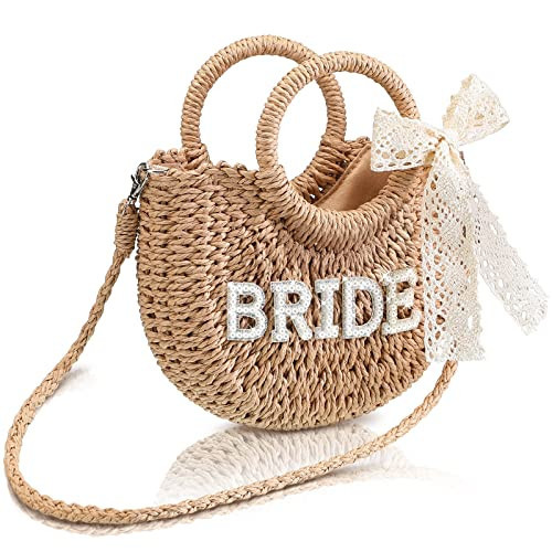 Pinkunn Bride Gift Bride Straw Purse Mrs Handwoven Bag Rhinestone Letter Bag Bachelorette Honeymoon Wedding Bridal Shower(BRIDE) | Amazon (US)