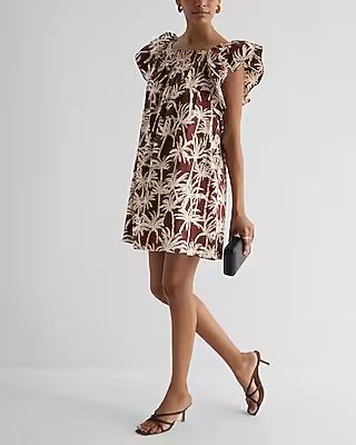 Printed Square Neck Flutter Sleeve Poplin Mini Shift Dress | Express