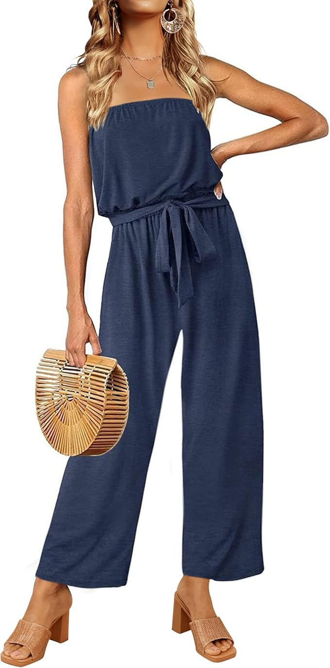 Women's Casual Off Shoulder Solid Color Strapless Belted Wide Leg Jumpsuit Romper | Amazon (US)