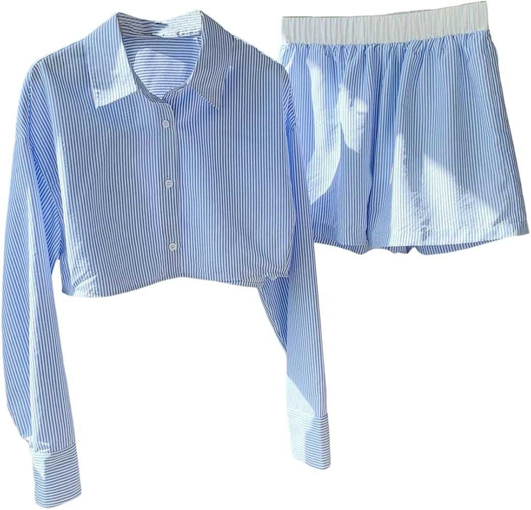 SOLY HUX Women's Striped Matching Set Long Sleeve Button Down Crop Top and Shorts Two Piece Outfi... | Amazon (US)