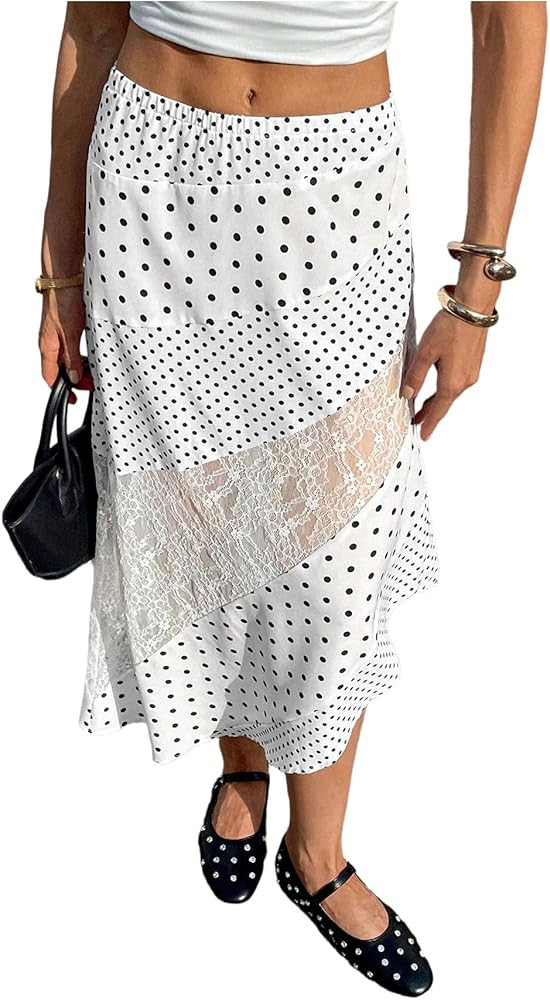 Verdusa Women's Polka Dots Skirt Lace Asymmetrical High Waist Elegant Midi Skirts | Amazon (US)
