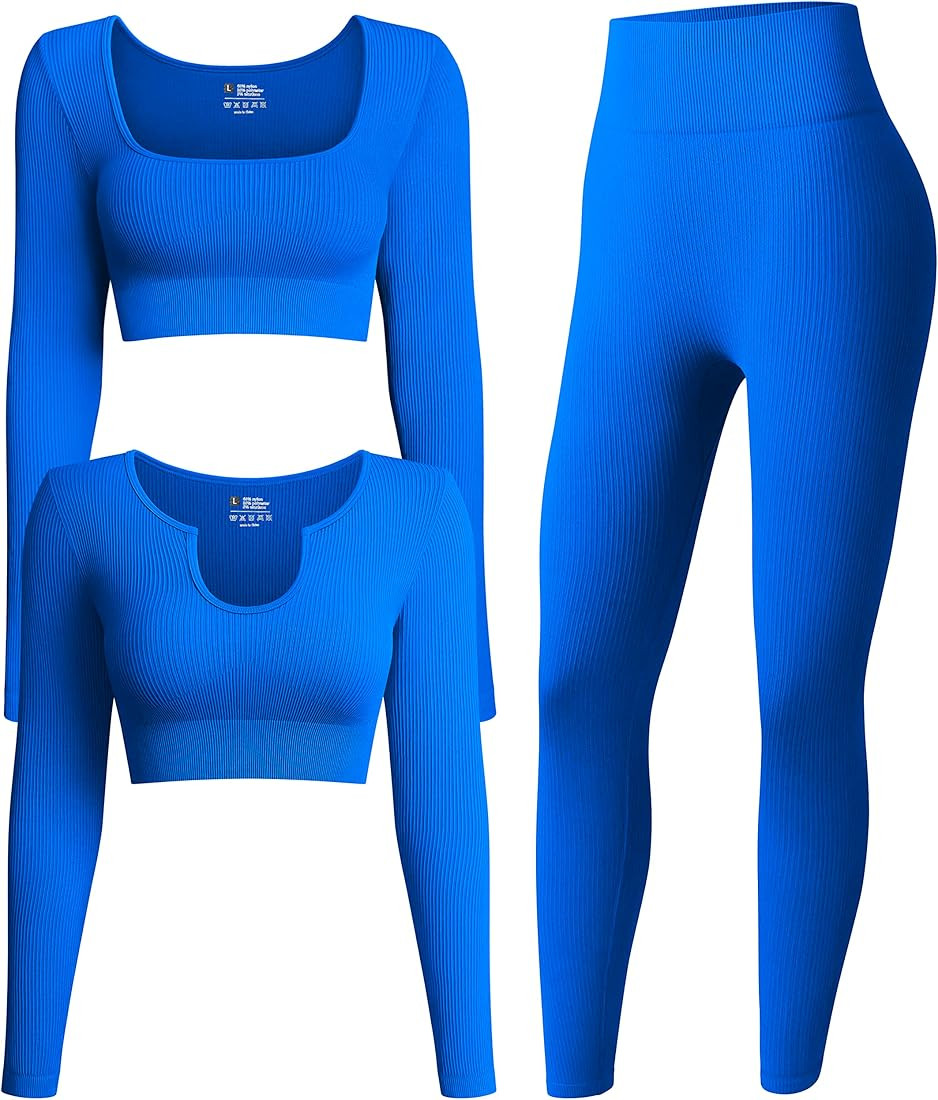 OQQ Women's 3 Piece Outfits Ribbed Exercise Long Sleeve Crop Tops Workout High Waist Leggings Yoga S | Amazon (US)