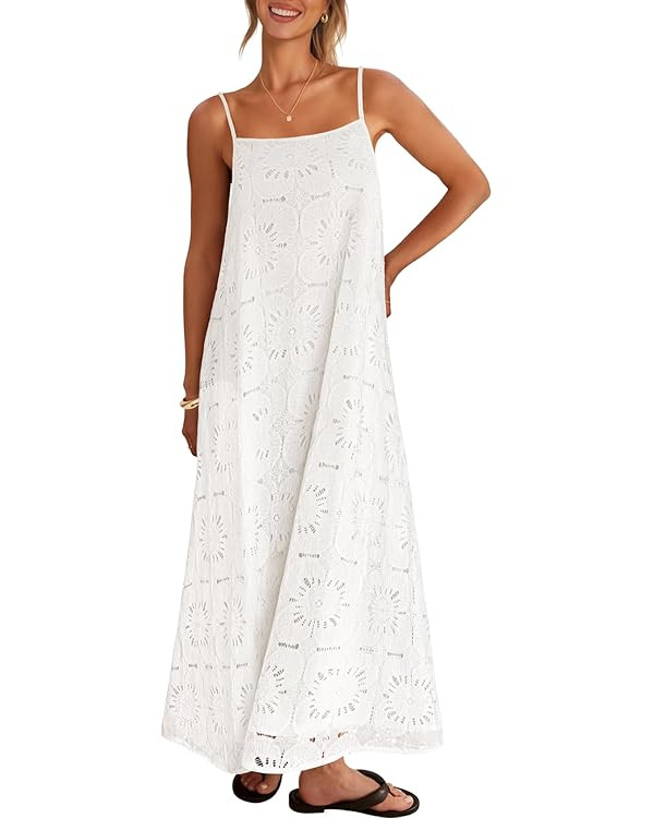 MEROKEETY Women's Summer Spaghetti Straps Sundress 2026 Casual Sleeveless Floral Lace Eyelet Boho... | Amazon (US)