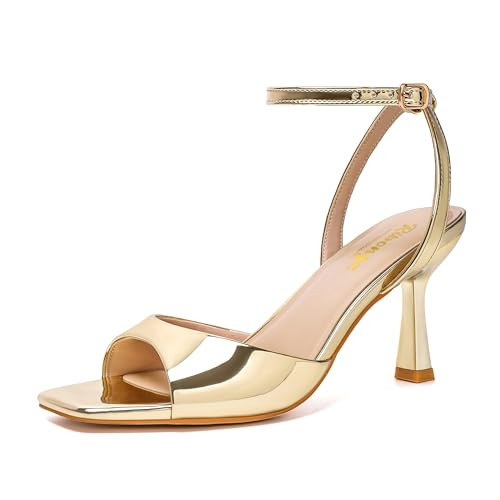 RIBONGZ Gold Heels for Women Strappy Kitten Heels Square Open Toe Sandals Stiletto Sexy High Heeled with Ankle Strap Elegant Comfortable Summer Wedding Party Prom Work Daily Wear Dress Shoes 7.5 | Amazon (US)