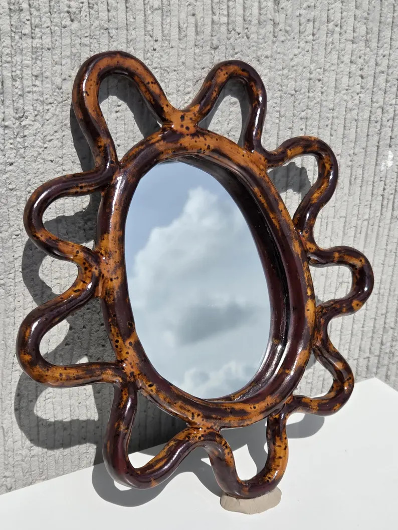 Handmade Ceramic Mirror: Brown & Black Glazed Round Wall Decor - Etsy | Etsy (Global)