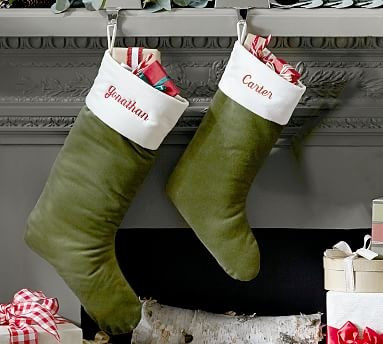 Classic Velvet Stockings - Green with Ivory Cuff | Pottery Barn (US)