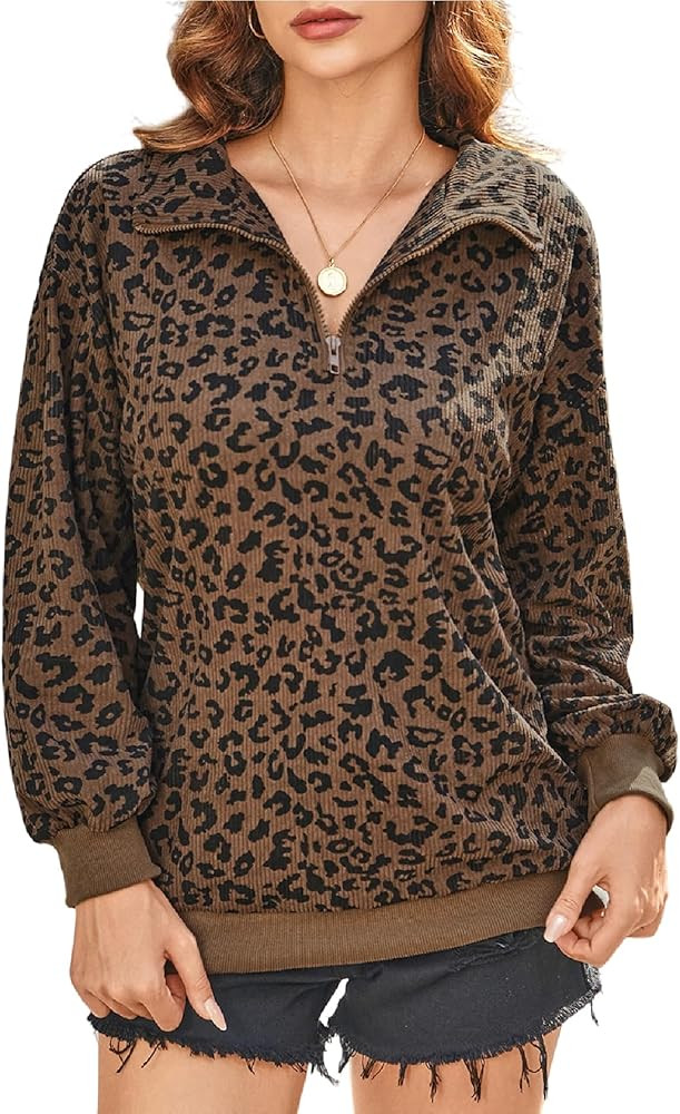 SweatyRocks Women's Leopard Print Sweatshirt Quarter Zip Collar Long Sleeve Pullover Tops | Amazon (US)