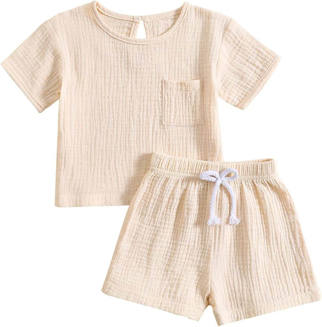 Baby Boy Girl Cotton Linen Clothes Solid Color Short Sleeve Tops Drawstring Shorts Set 2Pcs Toddl... | Amazon (US)