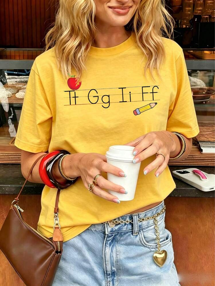 Alphabet Printed T-Shirt For Women Teacher, Classic Heavy Cotton Short Sleeve Crew Neck Top, Vers... | SHEIN