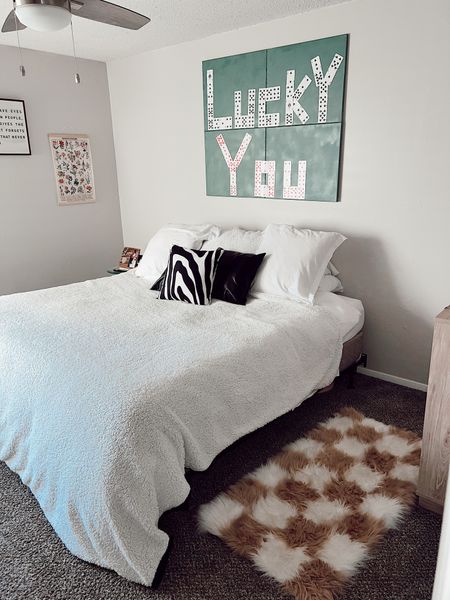 Bedroom decor 
King bed
Pillows 
Rug
Checkered print 
Art decor 
Master Bedroom

#LTKSeasonal #LTKhome #LTKFind