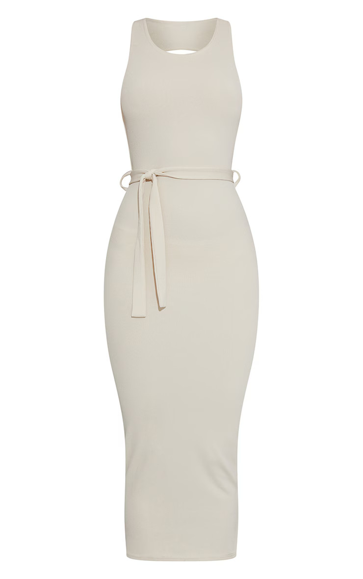 White Rib Cut Out Back Detail Tie Waist Midaxi Dress | PrettyLittleThing US