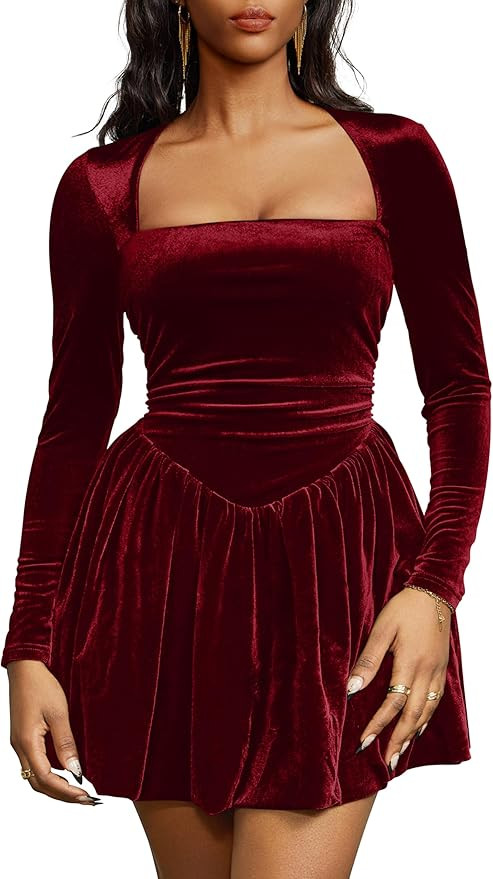 GOBLES Women's Sexy Long Sleeve Square Neck Velvet Bubble Mini Cocktail Party Dress | Amazon (US)