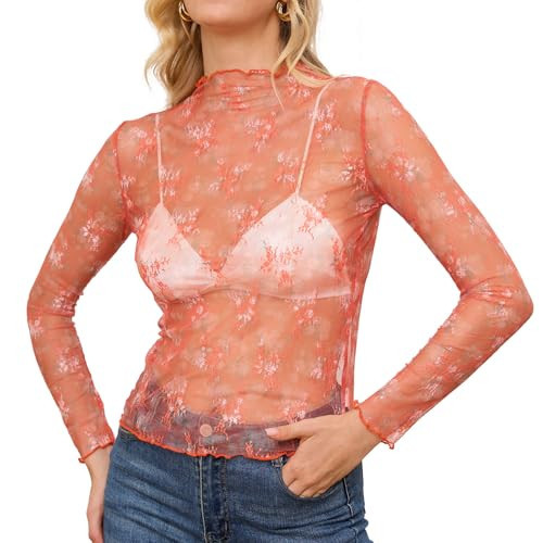 XZQTIVE Womens Mesh Long Sleeve Top See Through Mock Neck Party Club Night Floral Lace Layering Tops Blouse, Orange Pink M | Amazon (US)