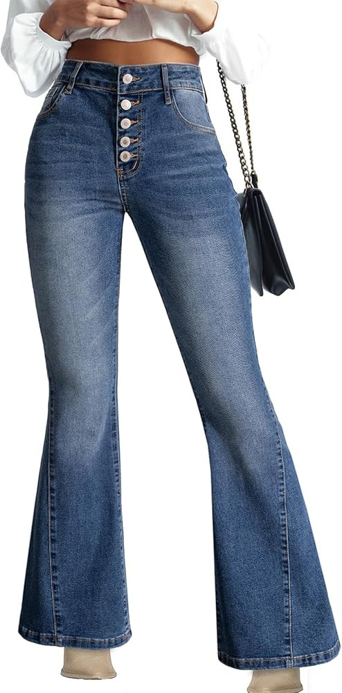 Sidefeel Flare Jeans for Women High Waisted Stretchy Bell Bottoms Wide Leg Side Seam Denim Pants | Amazon (US)
