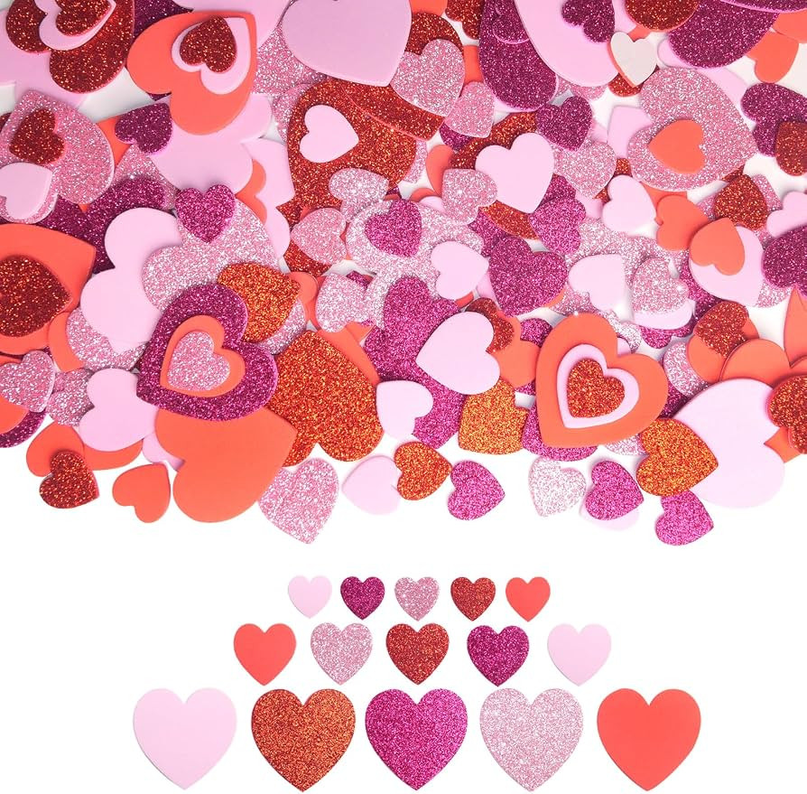 Valentine's Day Foam Heart Stickers,300 Pcs Glitter Red Pink Hearts for Crafts 3 Different Sizes ... | Amazon (US)