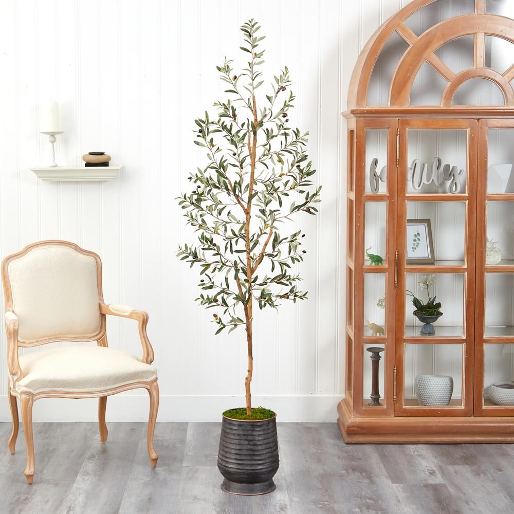 Nearly Natural 74 in. Olive Artificial Tree in Ribbed Metal Planter | The Home Depot
