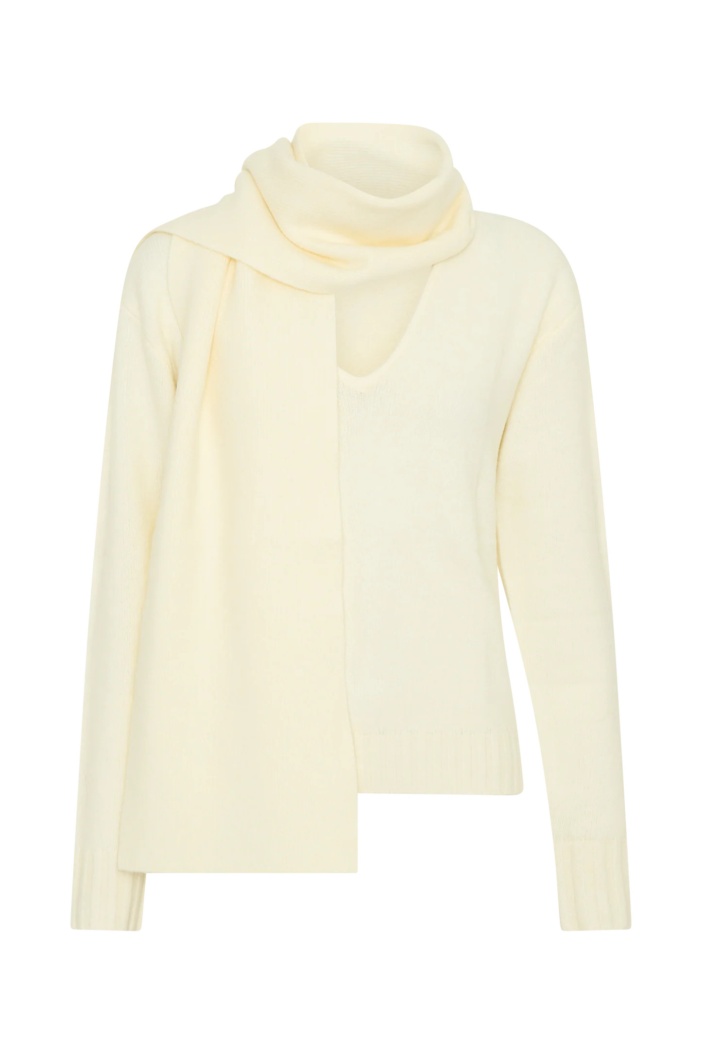 V Neck Knit Jumper With Scarf - Ivory Marle | MESHKI US