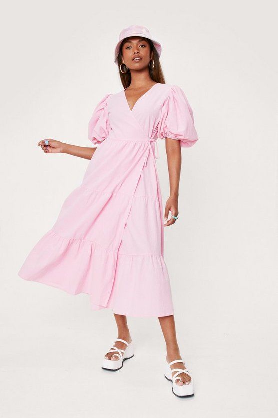 Linen Look Puff Sleeve Wrap Midi Dress | Nasty Gal (US)