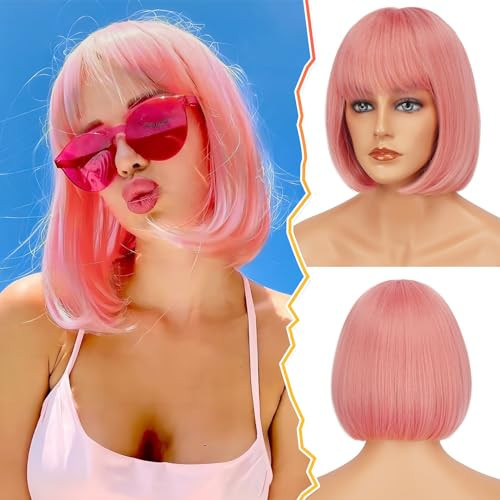 BARSDAR Pink Bob Wigs - Short Pink Wig With Bangs for Women - 12 Inch Chin-Length Short Bob Wig With Bangs Natural Looking Soft Synthetic Hair Replacement Wigs Halloween Costume Colorful Party Bobs | Amazon (US)