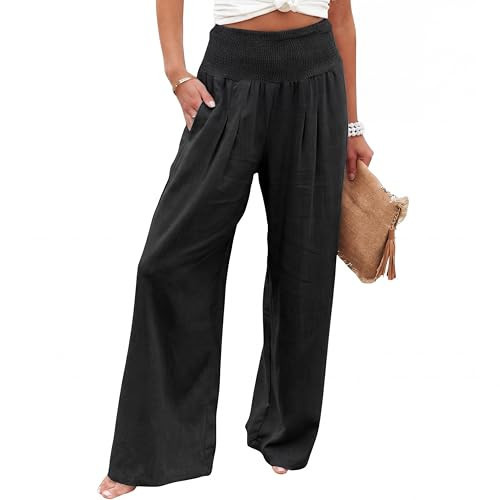 2026 Spring Boho Wide Leg Pants – High Waisted Flowy Palazzo Design in Linen Blend with Smocked Waist & Pockets, Perfect for Bohemian Outfits, Hippie Clothing, Beach Travel & Casual Summer Wear Black | Amazon (US)