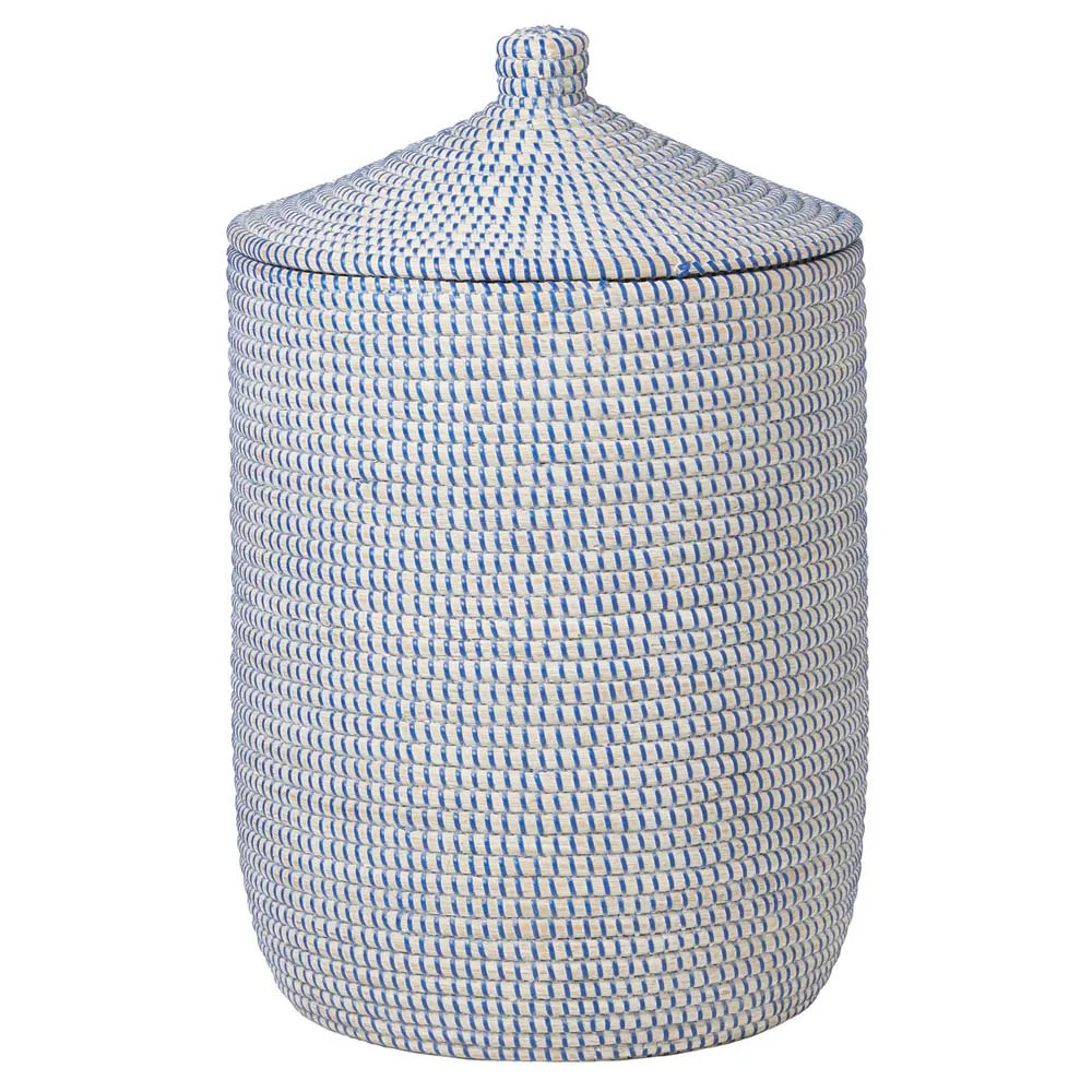 Pigeon and Poodle Roslyn Navy Woven Whitewashed Seagrass Tall Floor Basket | Kathy Kuo Home