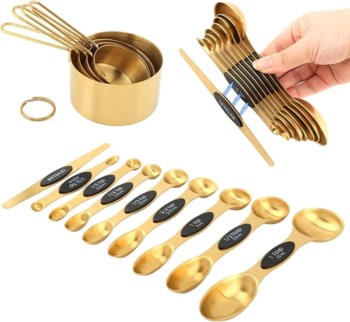13pcs Gold Stainless Steel Measuring Cups and Spoons Set, 8 Double-Sided Magnetic Measuring Spoon... | Amazon (US)