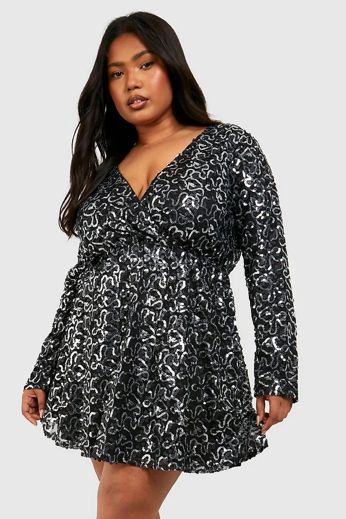 Plus Sequin Wrap Skater Dress | Boohoo.com (US & CA)