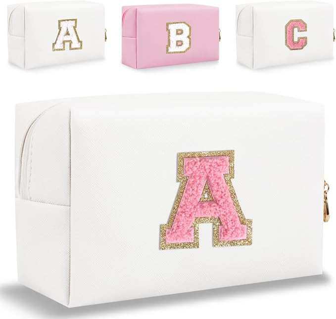 Small Personalized Letter Makeup Bag, Cute PU Leather Chenille Letters Cosmetic Bag Travel Makeup... | Amazon (US)