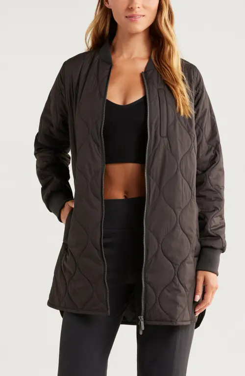 Zella Longline Onion Quilted Bomber Jacket in Black at Nordstrom, Size X-Large | Nordstrom