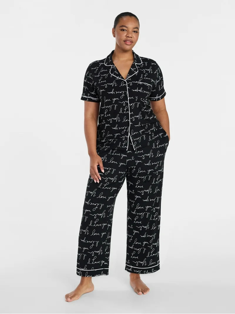 Joyspun Women's Dreamy Soft Collection Notch Knit Top and Capri Pants Pajama Set, 2-Piece, Sizes ... | Walmart (US)