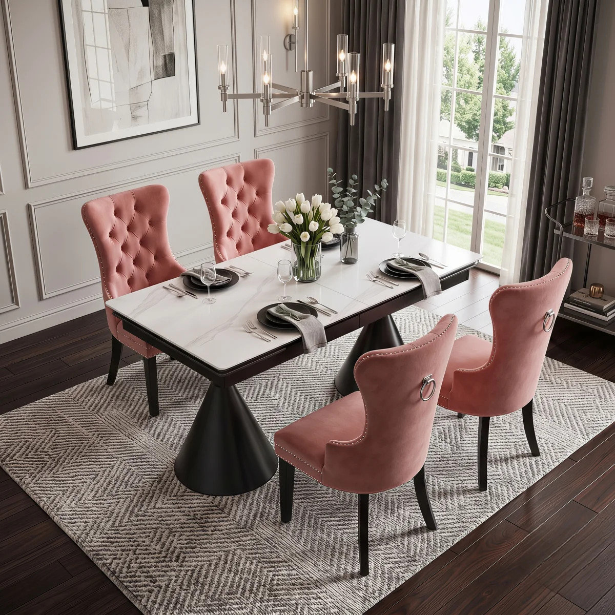 Modern Glam Extendable Rectangular Dining Set, 55"\u201379" Faux Marble Top With Velvet Tufted Ch... | Wayfair North America
