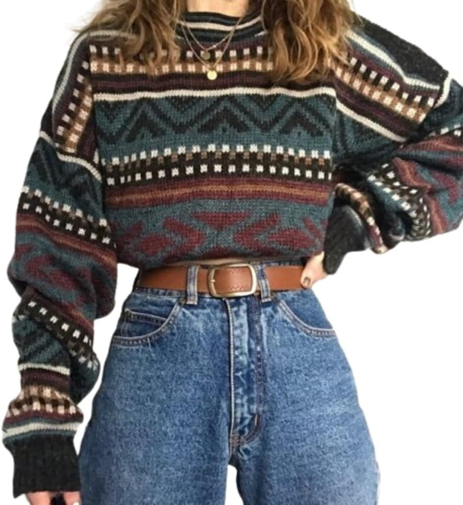 Grandpa Sweater Crop Sweater Color Block Sweater Grunge Sweater Knit Sweater Vintage Sweater Casu... | Amazon (US)