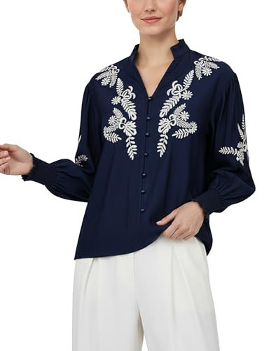 Women's Floral Embroidery Puff Long Sleeve Blouse Boho Button Front V Neck Shirt Tops | Amazon (US)