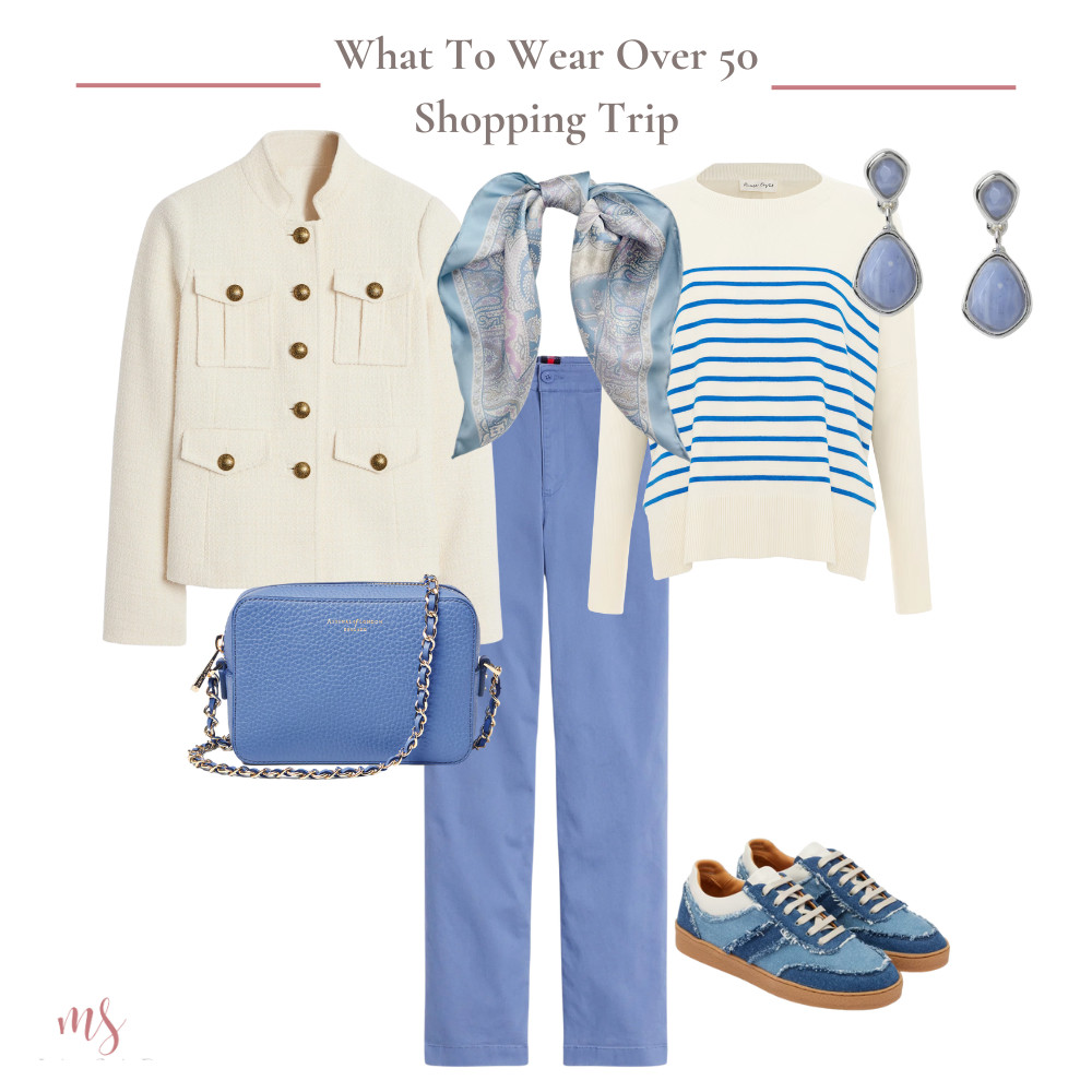Spring outfit idea for a shopping trip. Military style jacket, blue chinos, blue stripe knit, denim trainers and blue crossbody bag with silk neck scarf 

 #LTKuk #LTKover50style #LTKstyletip