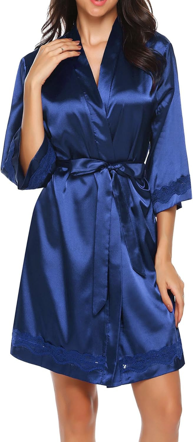 Ekouaer Women's Lace-Trim Silk Robes Kimono Satin Bathrobe Short Sexy V Neck Sleepwear with 3/4 S... | Amazon (US)