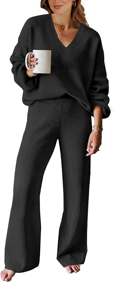 ANRABESS Women's Two Piece Outfits Sweater Sets Long Sleeve V Neck Knit Pullover and Wide Leg Pan... | Amazon (US)