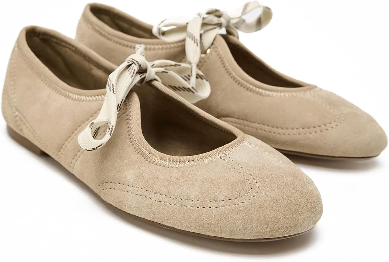 Lace Up Ballet Flats for Women Cute Tied Bow Round Toe Mary Jane Flats Comfortable Slip On Baller... | Amazon (US)