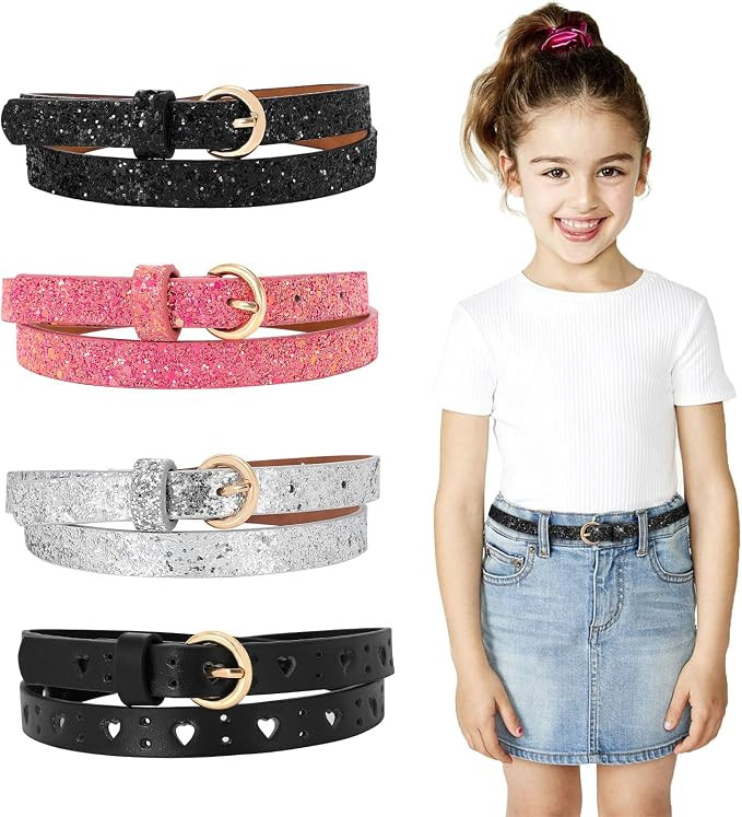 JASGOOD 4 Pack 3 Pack Kids Skinny Belts Glitter PU Leather Belt for Girls Colorful Girl Belt with... | Amazon (US)