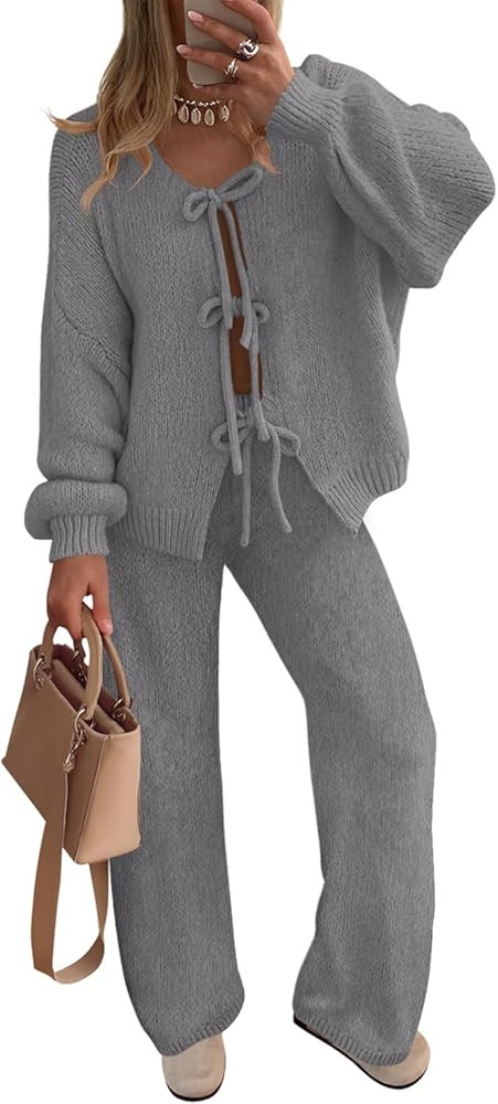 ZESICA Women's 2 Piece Outfits Lounge Pajama Sets 2026 Fall Long Sleeve Cardigans Wide Leg Pants ... | Amazon (US)