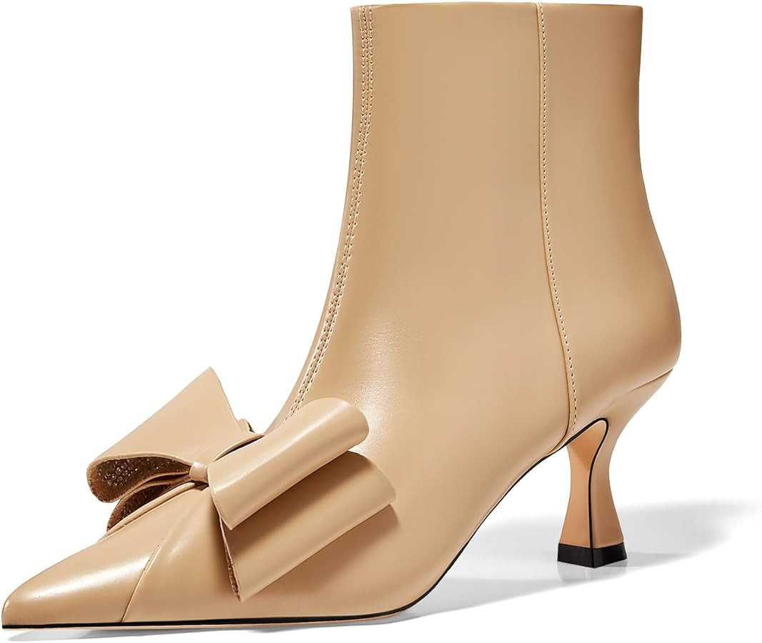 Coutgo Womens Low Kitten Heel Ankle Boots Rhinestone Bow Pointed Toe Side Zipper Dress Fall Booti... | Amazon (US)