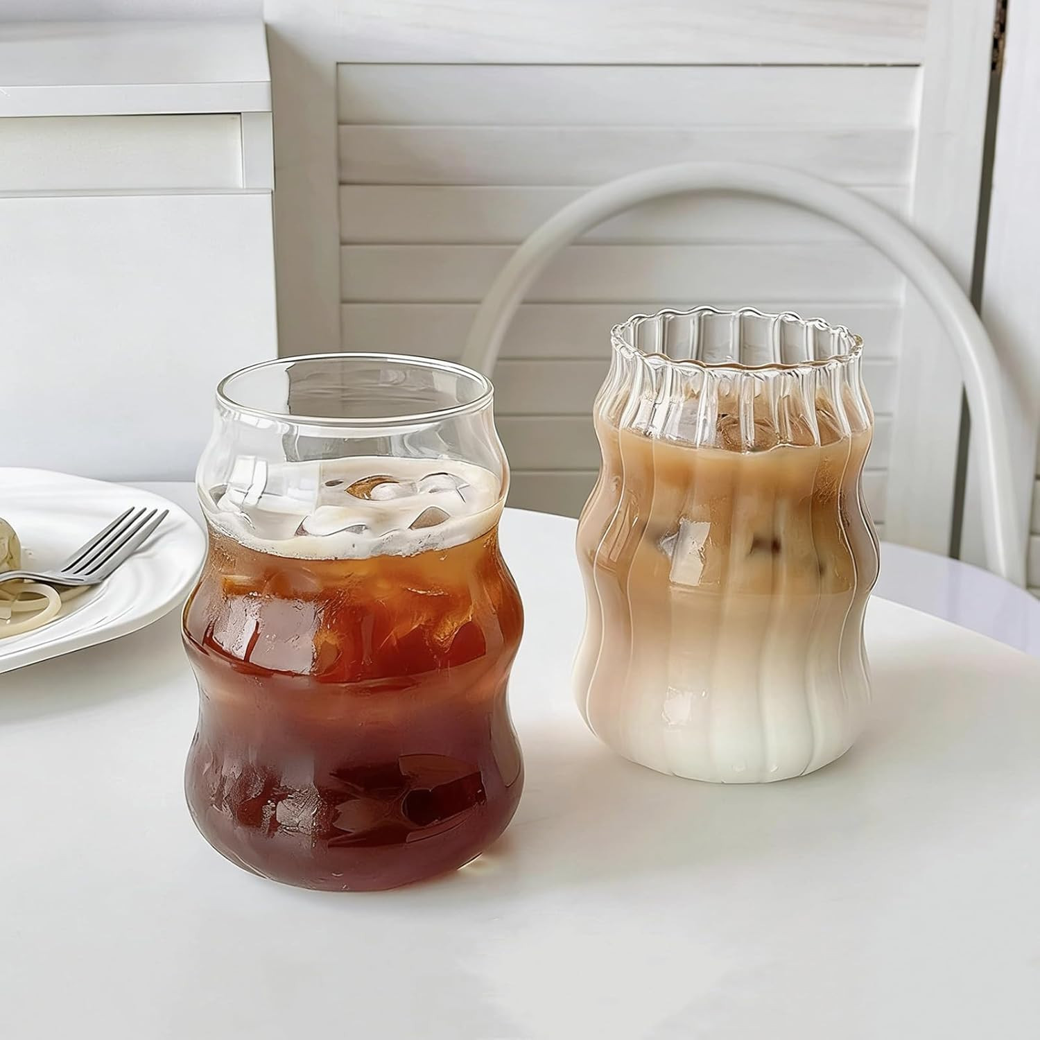2 Pcs Ribbed Glass Cups, 18 oz Aesthetic Drinking Glasses for Coffee, Iced Drinks, Matcha - Wavy Design Glassware | Amazon (US)