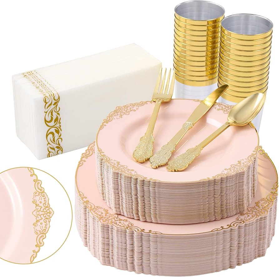 350pcs Pink Plastic Plates, Elegant Disposable Dinnerware Set, 125 Pieces, White and Gold, Plates... | Amazon (US)
