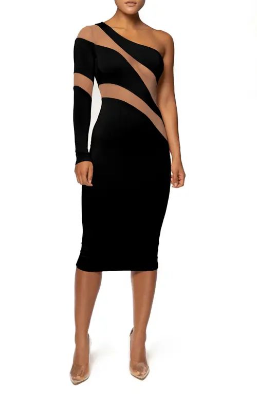 JLUXLABEL Eyes for You Illusion Mesh One-Shoulder Long Sleeve Midi Dress in Black at Nordstrom, Size | Nordstrom