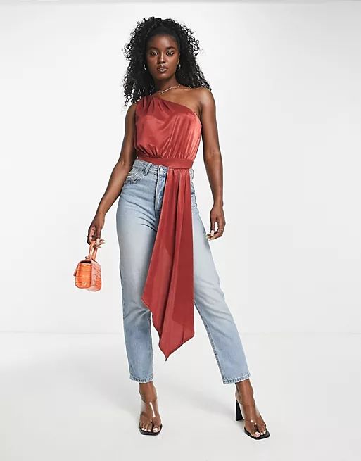 ASOS DESIGN one shoulder satin bodysuit in rust | ASOS (Global)