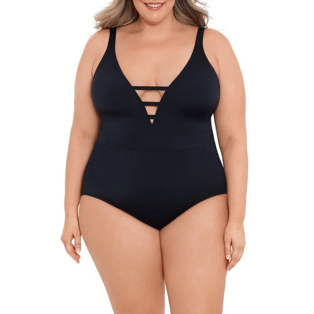 Time and Tru Women’s Plus Rich Black V Strappy Front One Piece Swimsuit | Walmart (US)